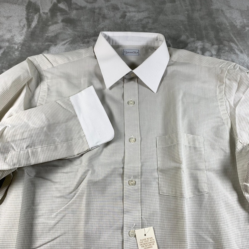 Vintage Oscar de la Renta Mens Dress Shirt 17 Check White Collar Business New